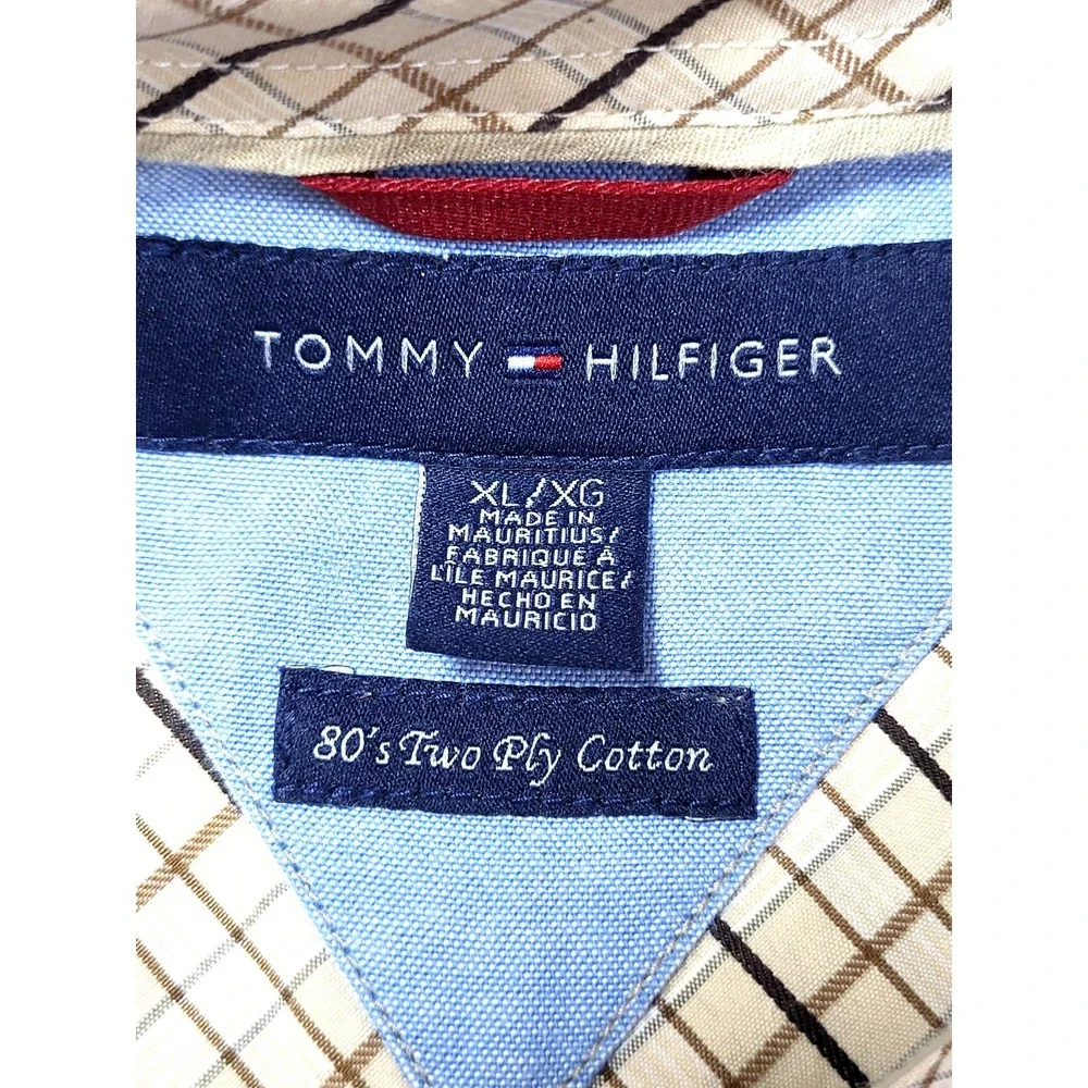 Tommy Hilfiger 80's 2 Ply Cotton Cream Plaid‎ Button Down Shirt Size XL Preppy